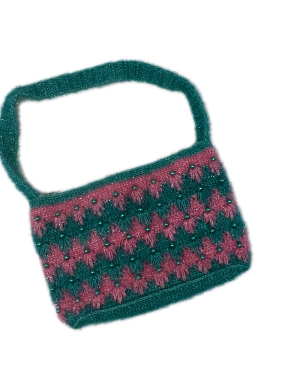 Vintage Style Handmade Knit Shoulder Bag Pink Green Metallic Beaded Purse